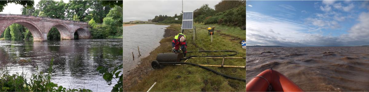 Composite of three images of rivers and researchers gathering data