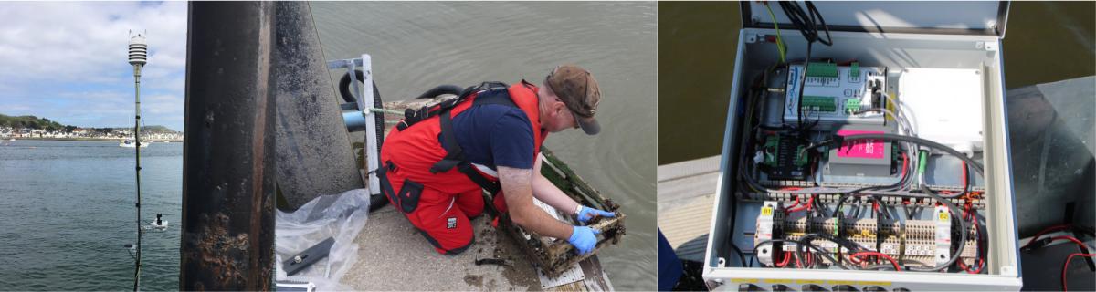 Composite of three images showing equipment and a researcher undertaking field work.