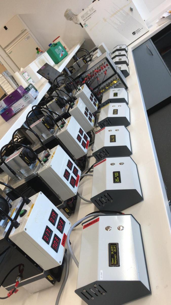 Series of 5 I-BODs displayed on a bench